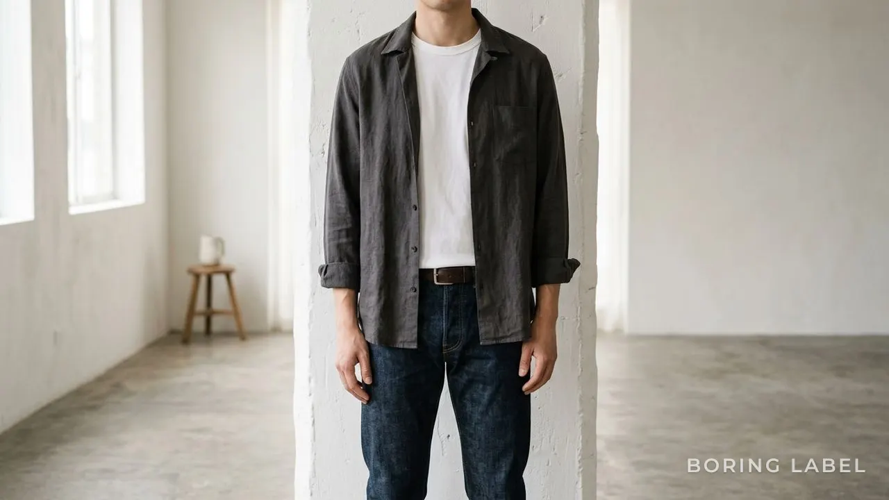 Plain white tee worn under an open casual overshirt with jeans, a bright white centre column, relaxed layered styling, minimalist editorial photography, neutral palette, soft daylight, no text or logos, no face