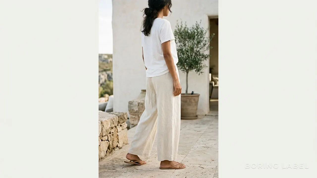 Plain white tee with wide flowing linen trousers and open sandals, breezy hot-weather styling, minimalist editorial photography, neutral palette, soft daylight, no text or logos, no face