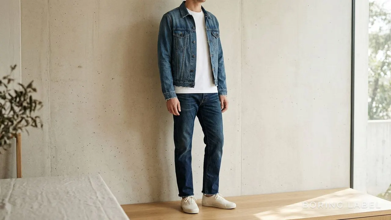 Plain white tee layered between a denim jacket and contrasting-wash jeans, double-denim styling with a white buffer, minimalist editorial photography, neutral palette, soft daylight, no text or logos, no face