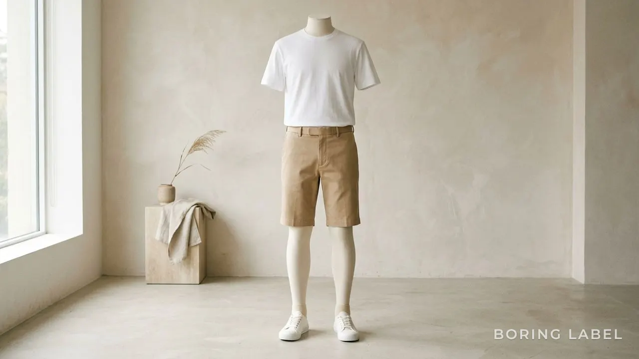 Plain white tee with knee-skimming tailored chino shorts and clean canvas sneakers, easy hot-day styling, minimalist editorial photography, neutral palette, soft daylight, no text or logos, no face
