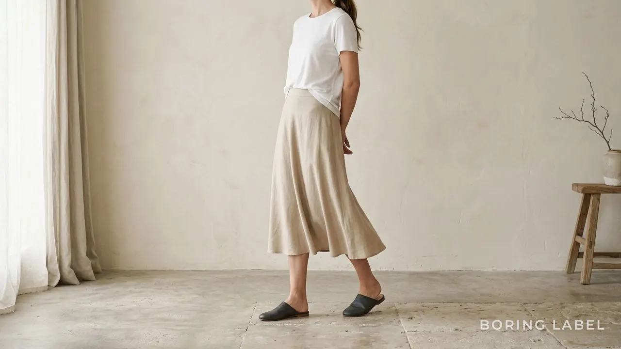 Plain white tee front-tucked into a flowing midi skirt with flat mules, soft feminine styling, minimalist editorial photography, neutral palette, soft daylight, no text or logos, no face