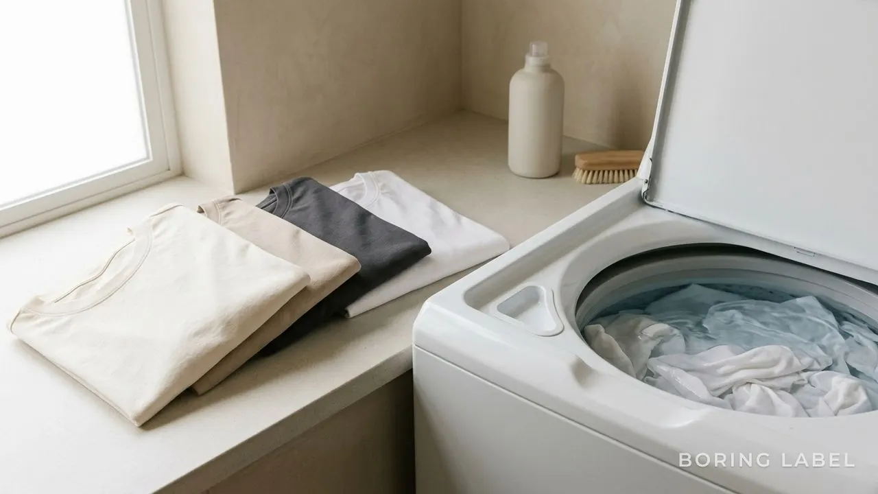 A few neatly folded plain cotton tees in soft neutral tones resting beside a cold-water wash, calm muted palette, soft natural light, quiet domestic still life