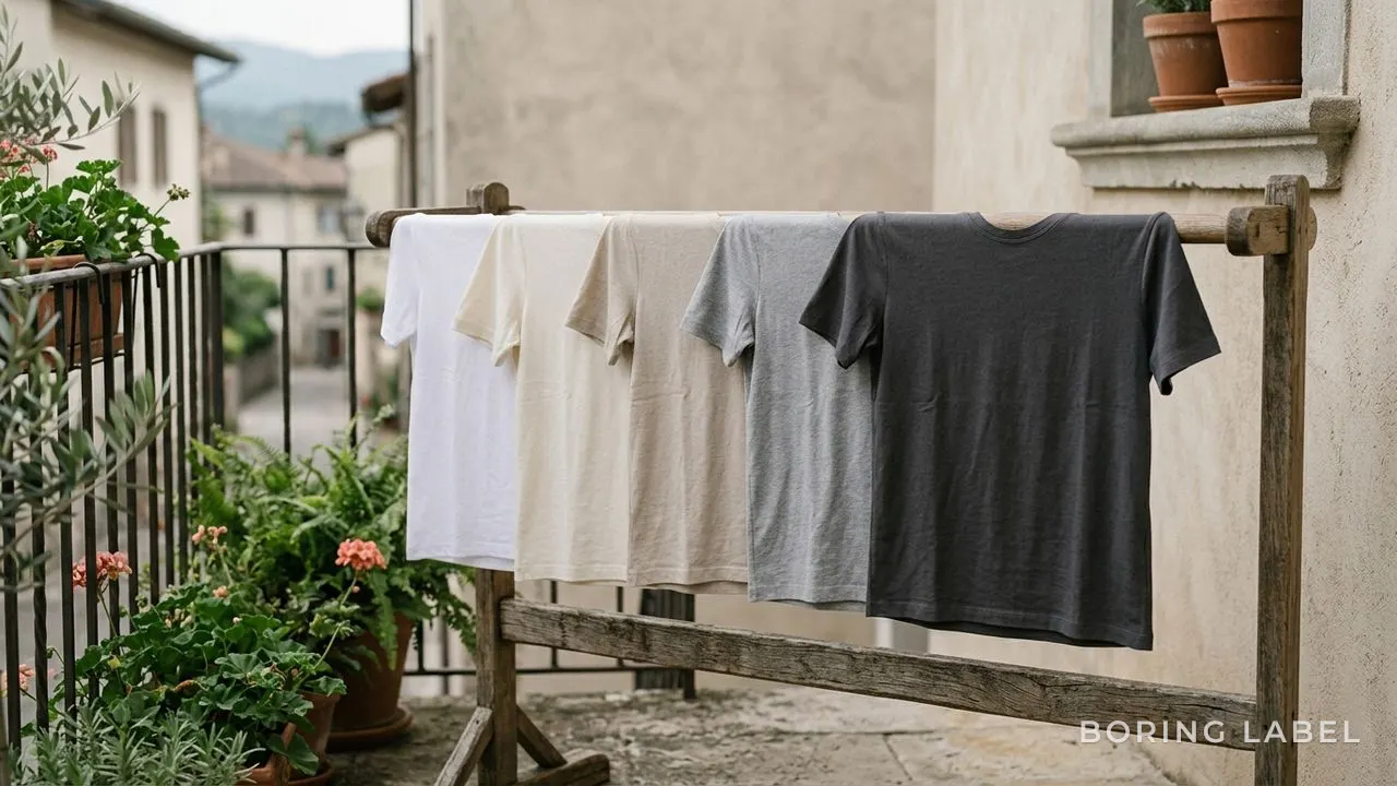 Plain t-shirts air-drying over a wooden rack rail in soft shade on a calm balcony, fabric reshaped and smooth, gentle indirect daylight, neutral earthy tones