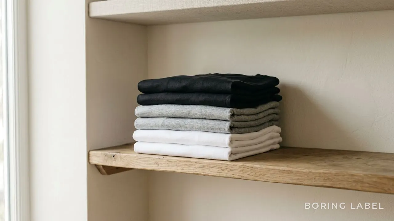 A tidy folded stack of clean plain cotton t-shirts in white, grey and black on a wooden shelf, crisp shape and even colour, soft daylight, minimalist wardrobe still life