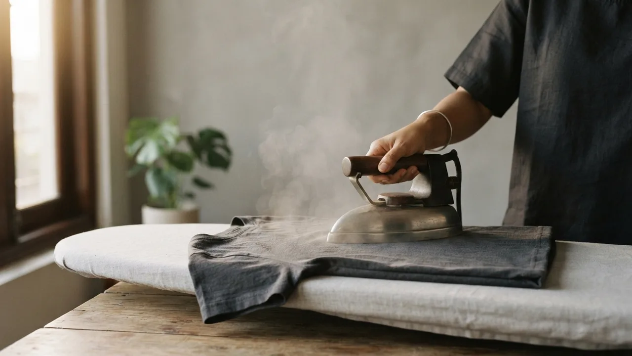 Close-up of a hand pressing an iron over a folded cotton t-shirt on an ironing board, soft warm light, steam visible, neutral grey background