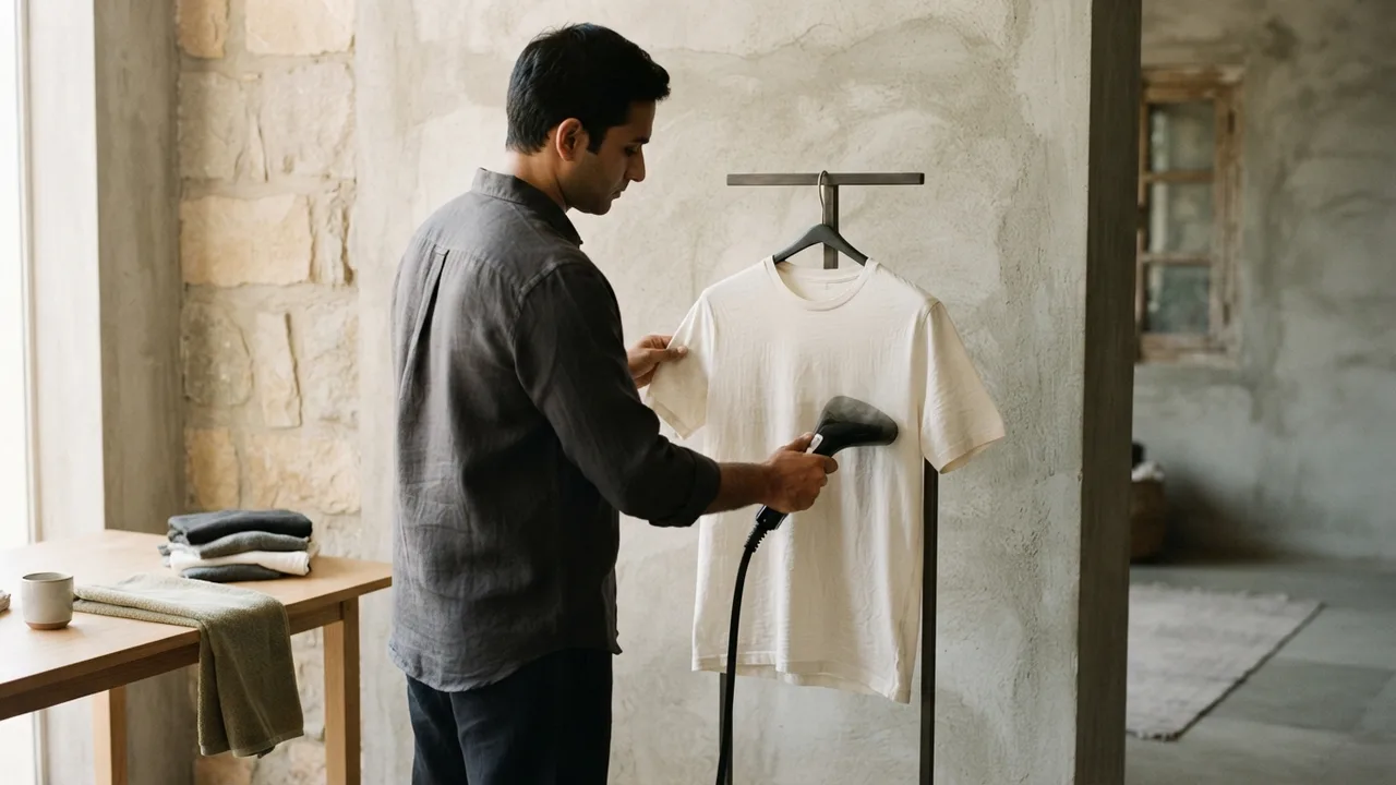 Minimalist editorial photo illustrating what ironing does to fabric over time, muted neutral tones, soft natural light, premium plain t-shirt context