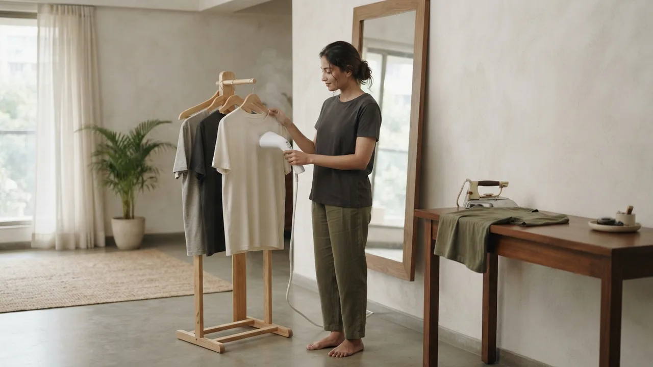 Minimalist editorial photo illustrating a reasonable middle path for most households: keep a small steamer for regular quick touch-ups on hanging tees, and reserve the iron for the occasional stubborn crease or a tee that specifically needs a crisp, structured look under a blazer., muted neutral tones, soft natural light, premium plain t-shirt context