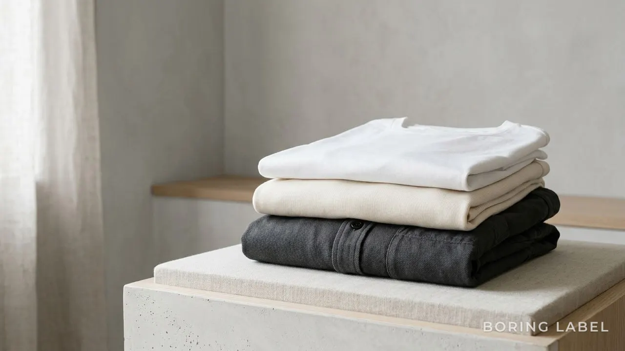 Three folded basics stacked by weight, a fine jersey tee under a soft shirt under a structured overshirt, neutral palette, soft daylight, no text