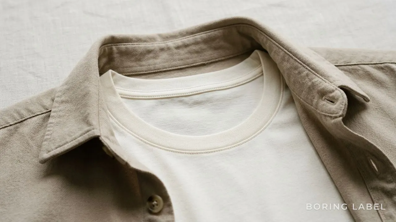 Close-up of a clean round neckline and flat hem on a fine cotton tee laid under an open shirt collar, neutral tones, soft side light, no text