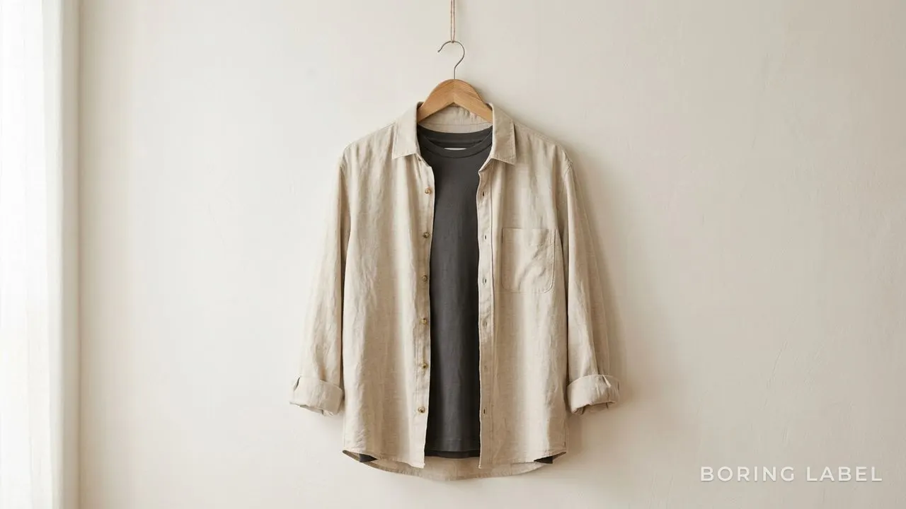 A lightweight open overshirt hung over a plain tee on a wooden hanger, sleeves relaxed, warm neutral palette, calm natural light, no text