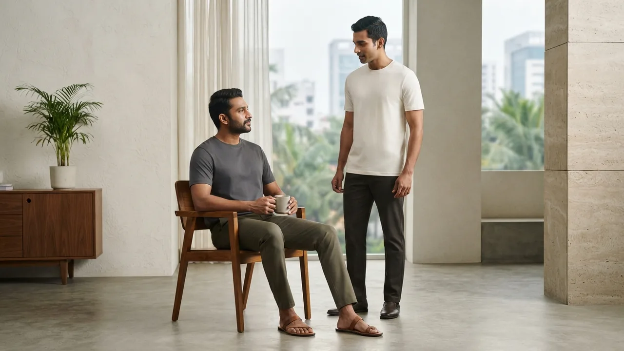 Minimalist editorial photo illustrating this split also solves the crease problem by design. you are not wearing linen into a client meeting where wrinkles read poorly, and you are not wearing heavy cotton on a humid chennai afternoon where linen would have kept you noticeably cooler., muted neutral tones, soft natural light, premium plain t-shirt context