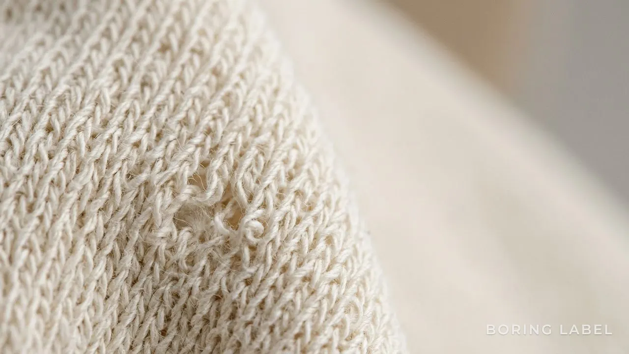 Extreme macro of dense, soft cotton jersey loops in undyed cream, each knitted stitch catching gentle daylight, fine fibre texture and tiny air pockets visible, neutral palette, generous negative space, minimalist editorial still life