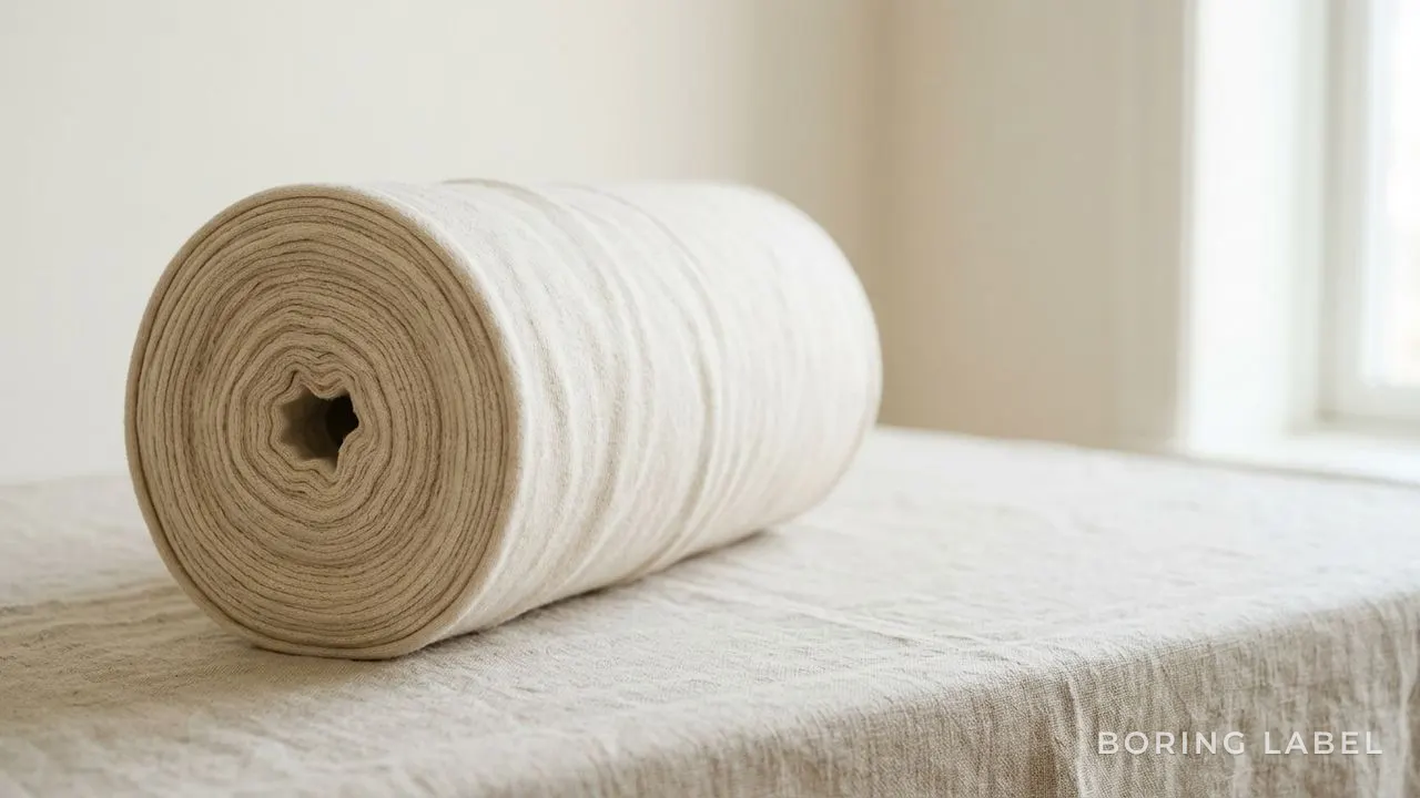 A heavy roll of natural tubular knit cotton fabric resting on a pale linen surface, the seamless cylinder of cloth softly lit by daylight from one side, neutral cream and beige tones, calm and uncluttered composition, lots of negative space, minimalist editorial still life
