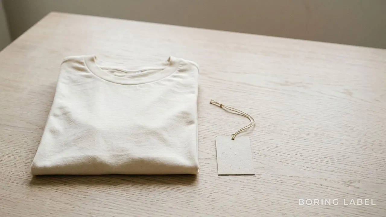 A single plain folded t-shirt in soft natural cream resting on a pale wooden surface beside a blank undyed card tag, gentle directional daylight, quiet premium still life, neutral palette, no text or logos, minimalist editorial composition