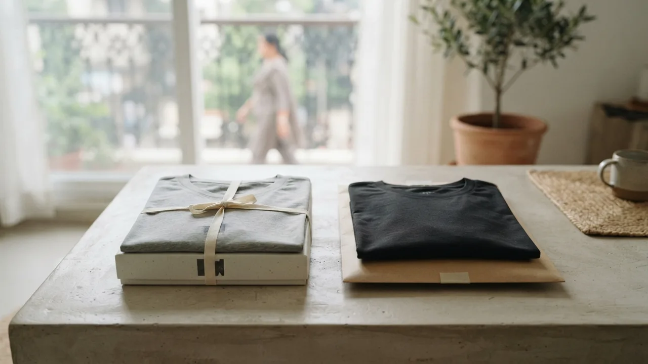 Two folded plain t-shirts side by side for comparison, one in branded packaging and one in a plain mailer, muted neutral tones, soft natural light