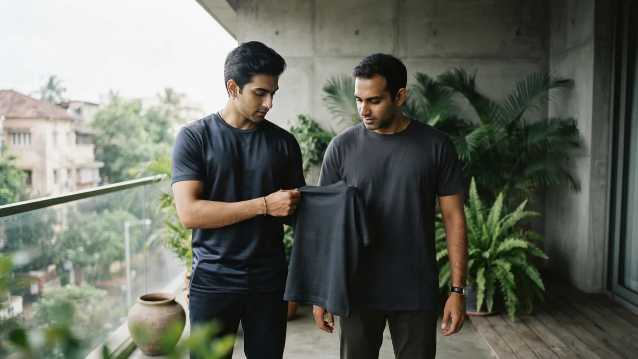 Minimalist editorial photo illustrating compare colour saturation against a similar tee from another brand in the same shade. if one navy or black looks noticeably deeper and more even than the other under the same light, mercerisation is a likely explanation, alongside dye quality itself., muted neutral tones, soft natural light, premium plain t-shirt context