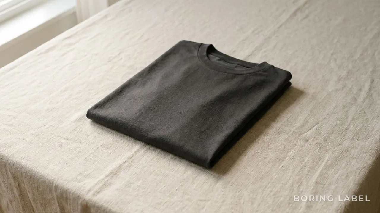 A single beautifully folded plain cotton t-shirt resting alone on a pale linen surface, soft natural light, calm and intentional still life