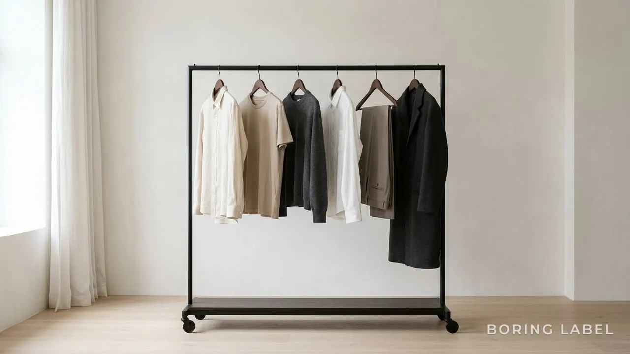 Tidy clothing rail holding a small number of plain garments in neutral tones, evenly spaced, soft daylight, uncluttered and calm