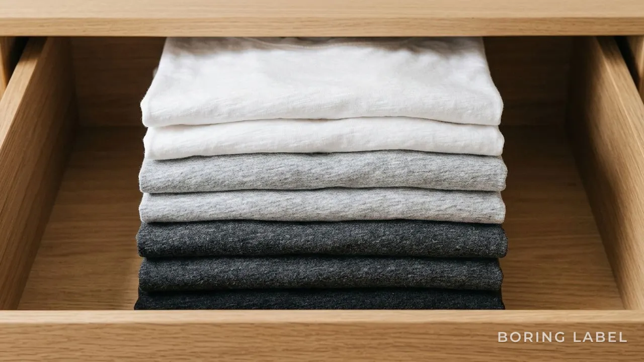 Close-up of soft folded cotton basics in white and grey stacked neatly in a drawer, warm even light, textured natural fabric, no branding