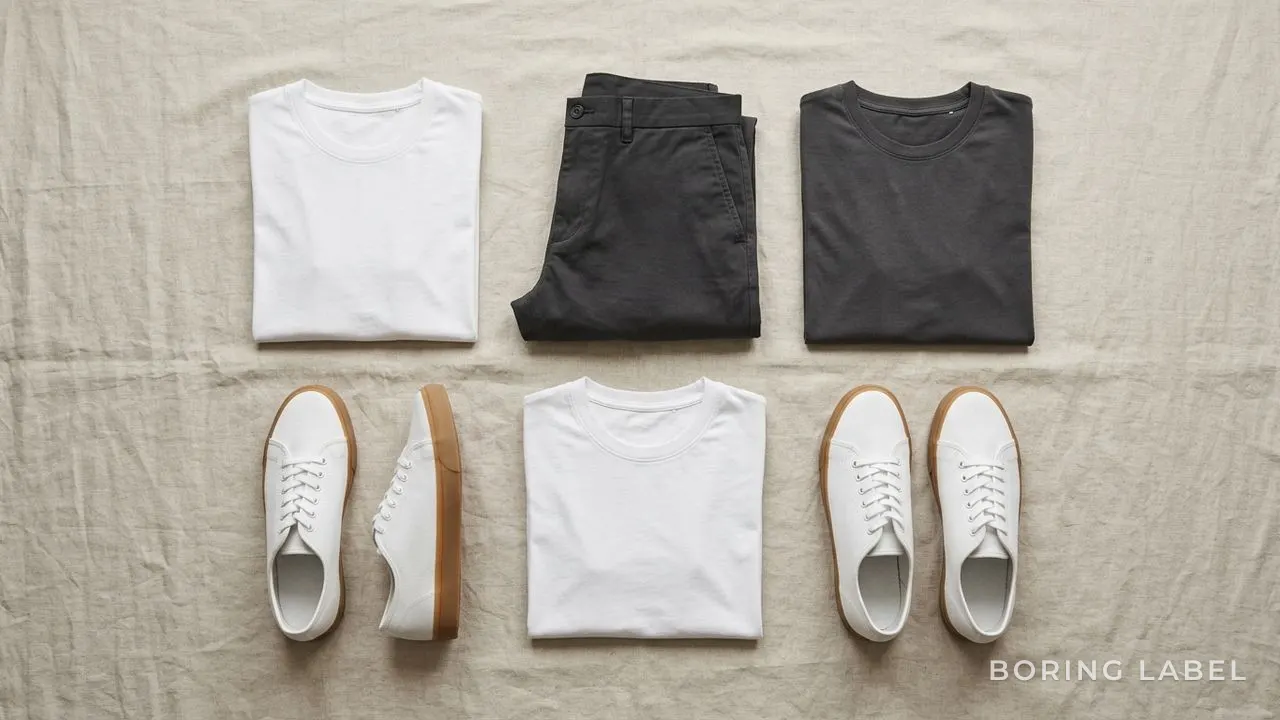 Neutral flat-lay of folded plain round-neck tees, dark trousers and white sneakers arranged in a tidy grid on a pale linen surface in soft daylight