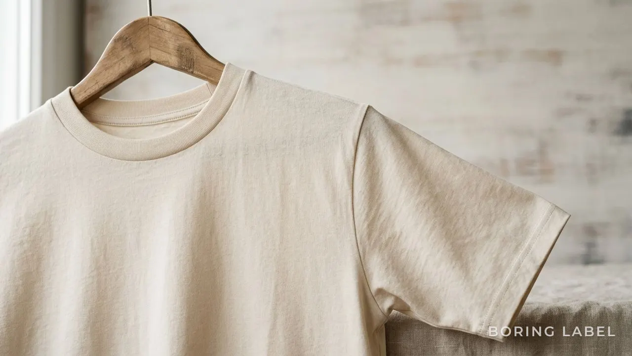 Close-up of a plain cotton tee on a wooden hanger showing a clean shoulder seam and even sleeve, soft side light raking across the knit texture