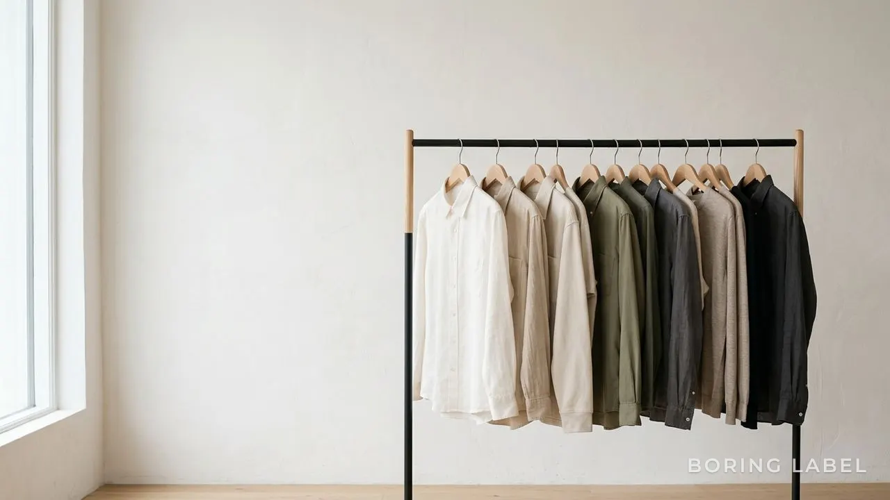 Tidy clothing rail with a small run of neutral shirts and an overshirt in muted olive and stone, plain wooden hangers evenly spaced against a warm white wall