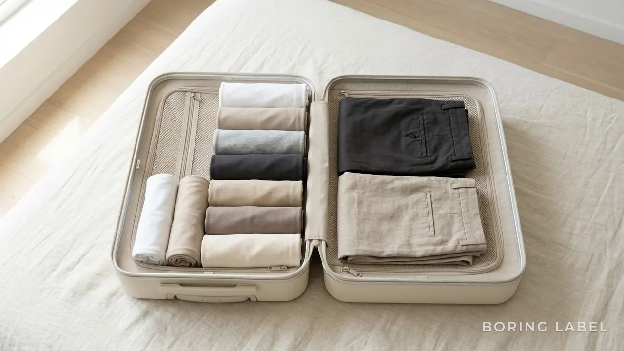 A carry-on packed with neatly rolled plain t-shirts in neutral tones beside folded trousers, calm minimal flat lay in soft daylight