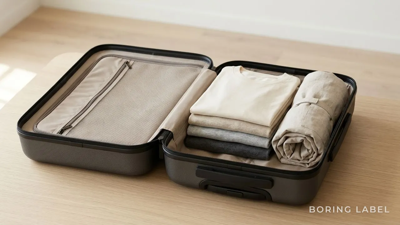 Folded plain neutral t-shirts and a light overshirt rolled compactly inside an open carry-on, tidy minimal arrangement, soft even light