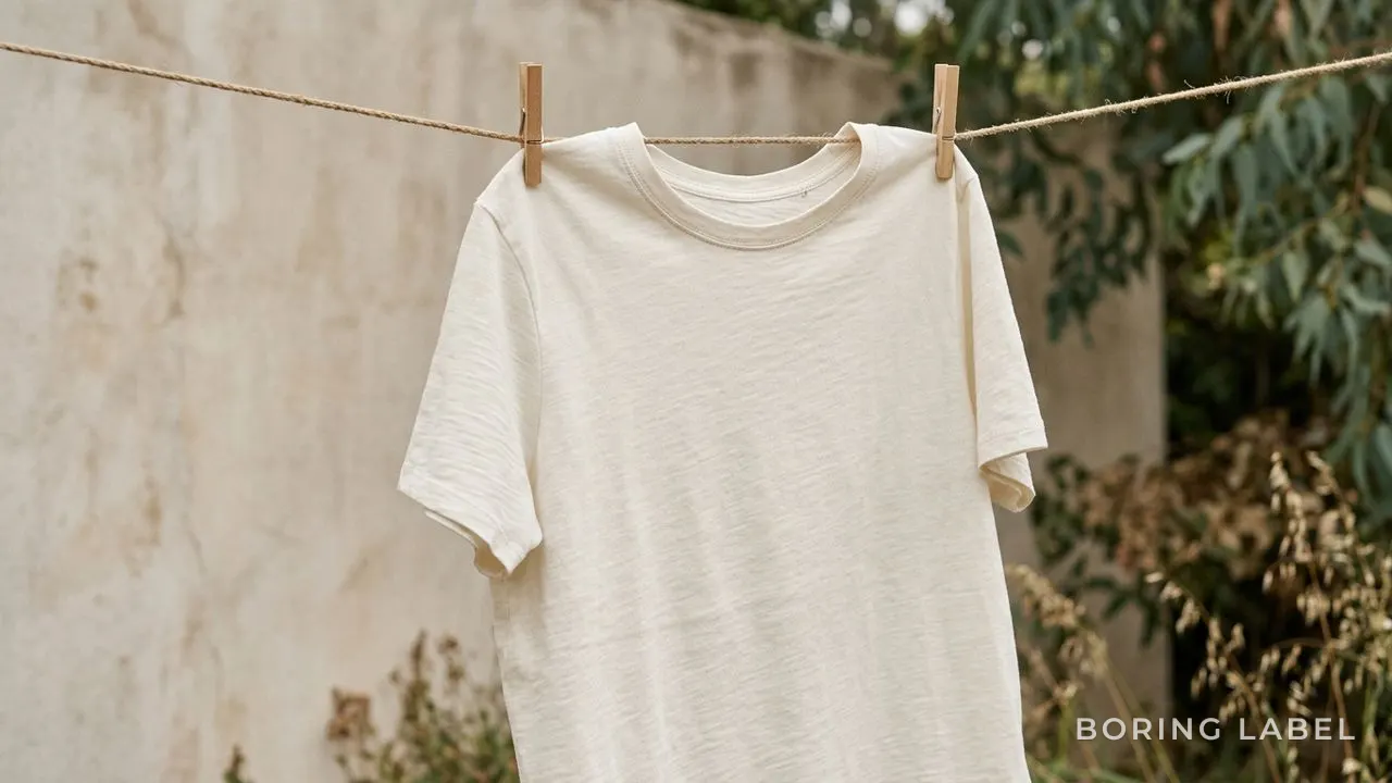 Close-up of a plain cotton t-shirt drying on a line in soft shade, fabric texture and gentle drape visible, neutral tone, calm composition