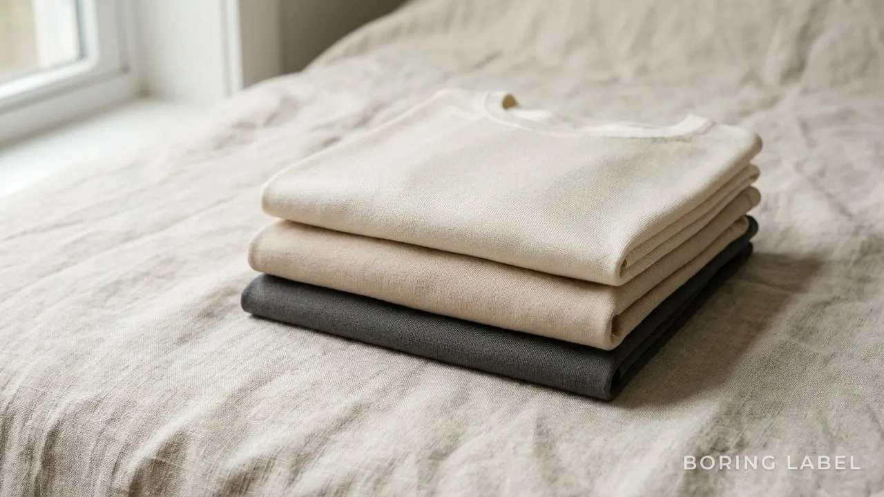 Three folded plain t-shirts in soft neutral tones stacked on a pale linen surface, one smooth matte cotton, one with a faint silky sheen, one flatter and tighter knit, soft natural daylight, negative space, calm minimalist still life