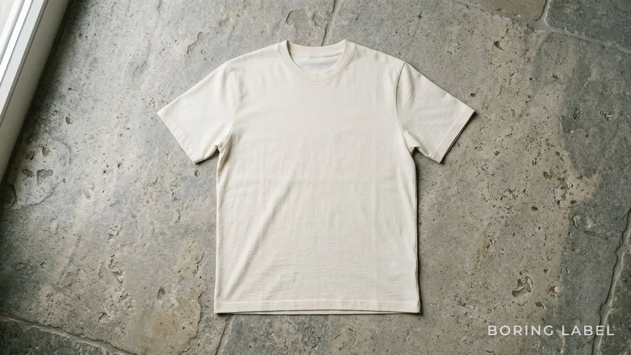 A single plain t-shirt laid flat on cool stone with a faint sheen of natural light across the weave, soft shadows suggesting humidity in the air, muted grey and cream palette, quiet editorial composition, no text