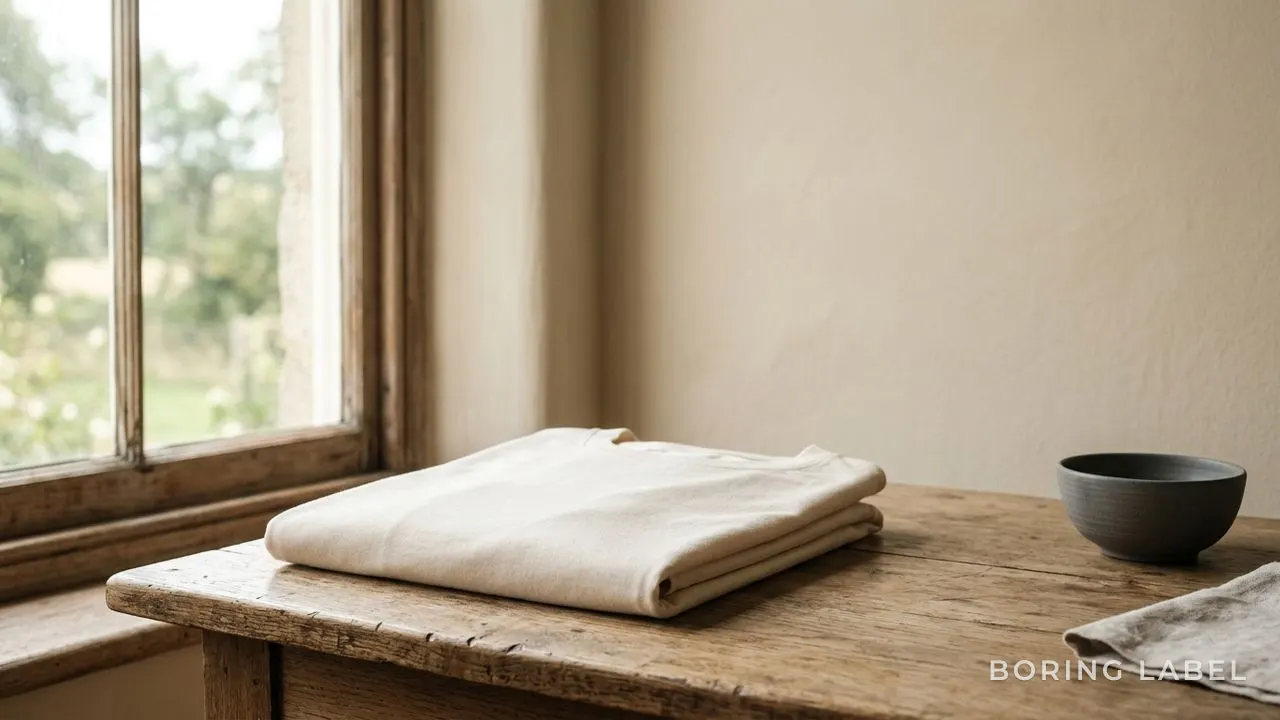 Close-up of a folded cream cotton t-shirt resting on a worn wooden surface beside soft daylight from a window, the weave smooth and matte and dense, calm neutral palette, premium minimalist still life, no text