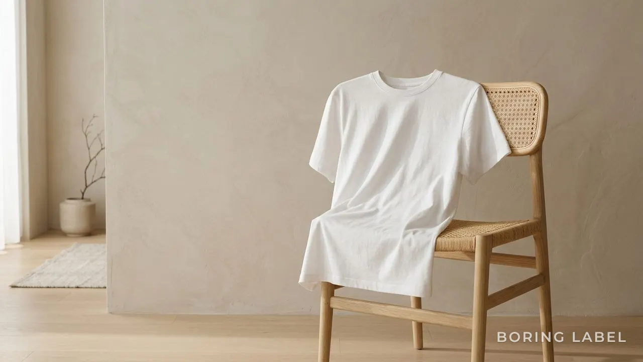 A plain white long-staple cotton t-shirt draped softly over a pale chair against a neutral wall, gentle morning daylight raking across a smooth even surface, generous negative space, matte premium editorial still life, no text