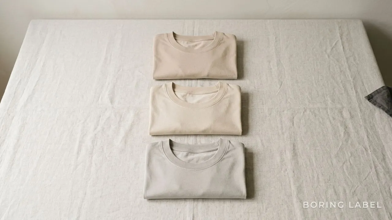 Neutral flat-lay of three plain t-shirts in tonal beige, sand and stone on a pale linen surface, soft daylight, calm composition, no text