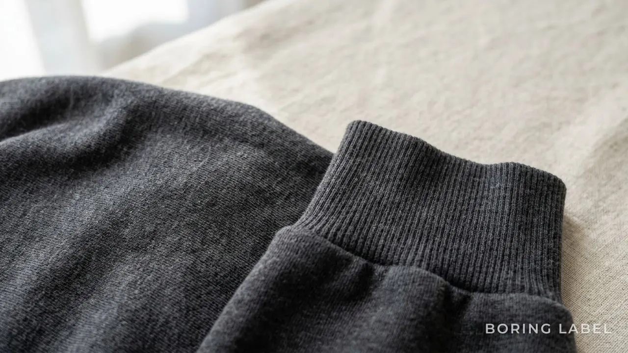 Close-up of soft cotton jersey knit beside a ribbed cuff in tonal charcoal, raking natural light revealing the weave and surface contrast, no text