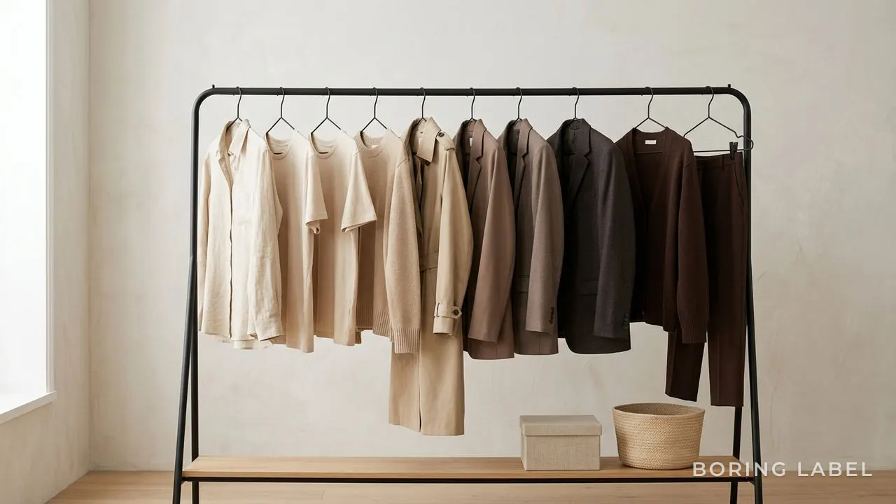 Tidy clothing rail with garments hung in a single tonal range from light sand to deep brown, neutral wall, calm even daylight, no text
