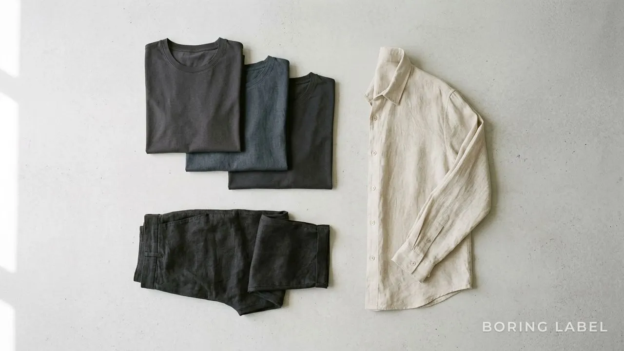 Neutral monsoon wardrobe flat-lay: dark folded relaxed-fit tees, a light linen overshirt, and cropped trousers on a pale grey surface, soft diffused daylight, calm minimalist composition