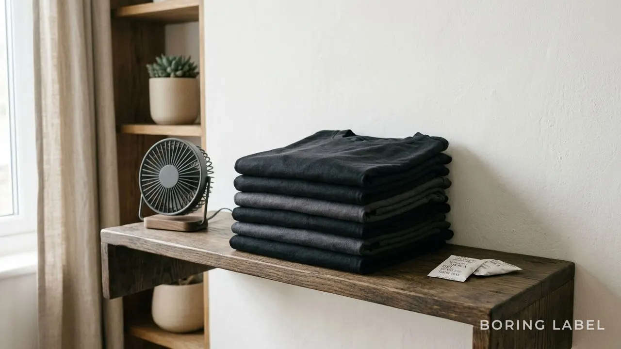 Folded dark cotton t-shirts stacked on an open wooden shelf with a small fan and silica packs nearby, soft natural light, muted earthy tones, tidy minimalist still life