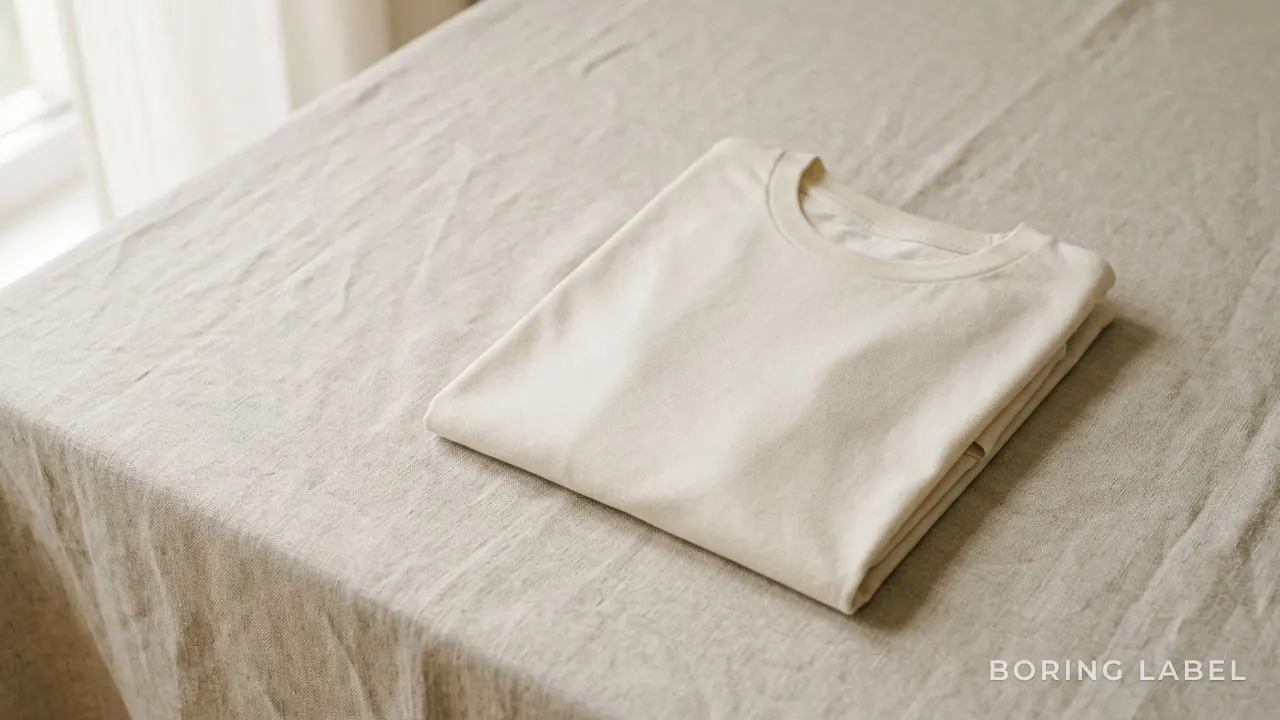 Minimalist editorial still life of a plain folded cotton tee with no markings on a pale linen surface, soft natural light, neutral palette, calm composition, no text or logo