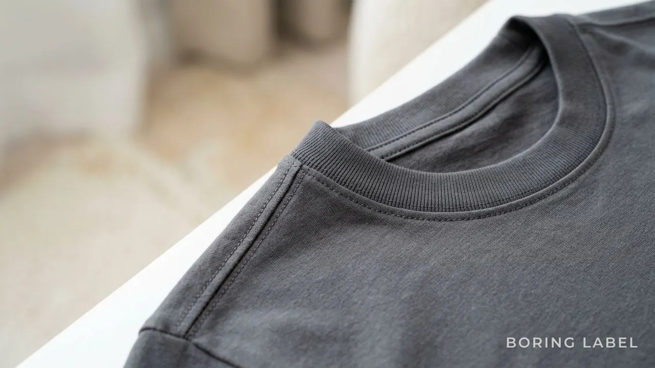 Close-up macro of a clean ribbed collar and shoulder seam on an unbranded cotton tee, even dense stitching, neutral grey tone, soft diffused daylight, no logo