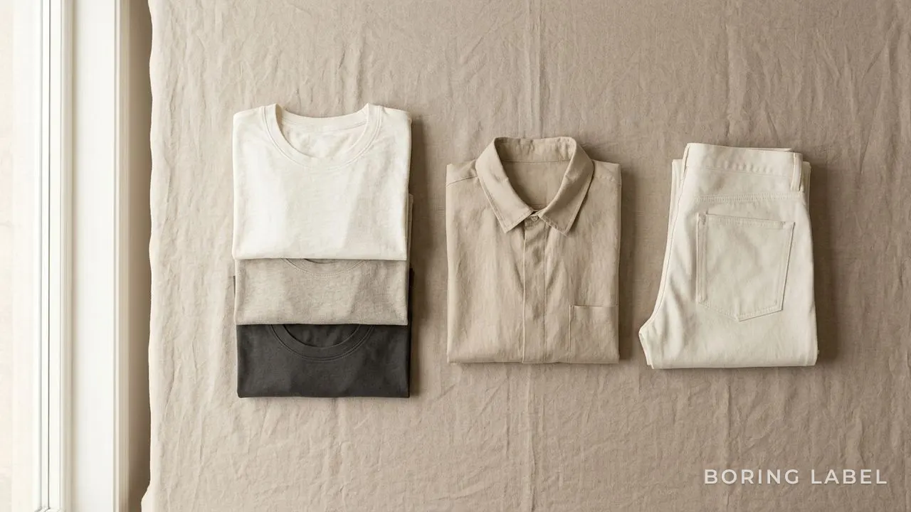 Neutral wardrobe flat-lay of folded plain tees, a clean overshirt, and trousers in muted earthy tones, warm daylight, tidy minimal arrangement, no branding