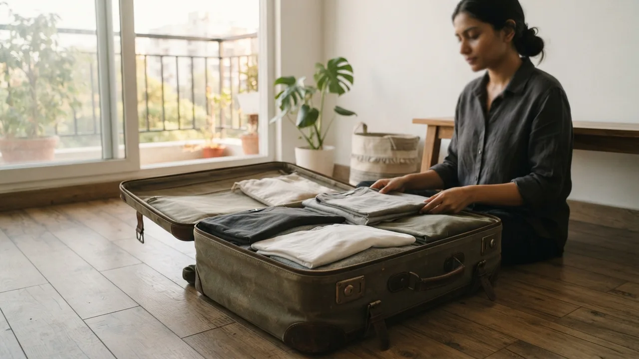 Open suitcase on a wooden floor with neatly folded plain t-shirts in muted tones, soft daylight from a window, minimalist travel packing scene