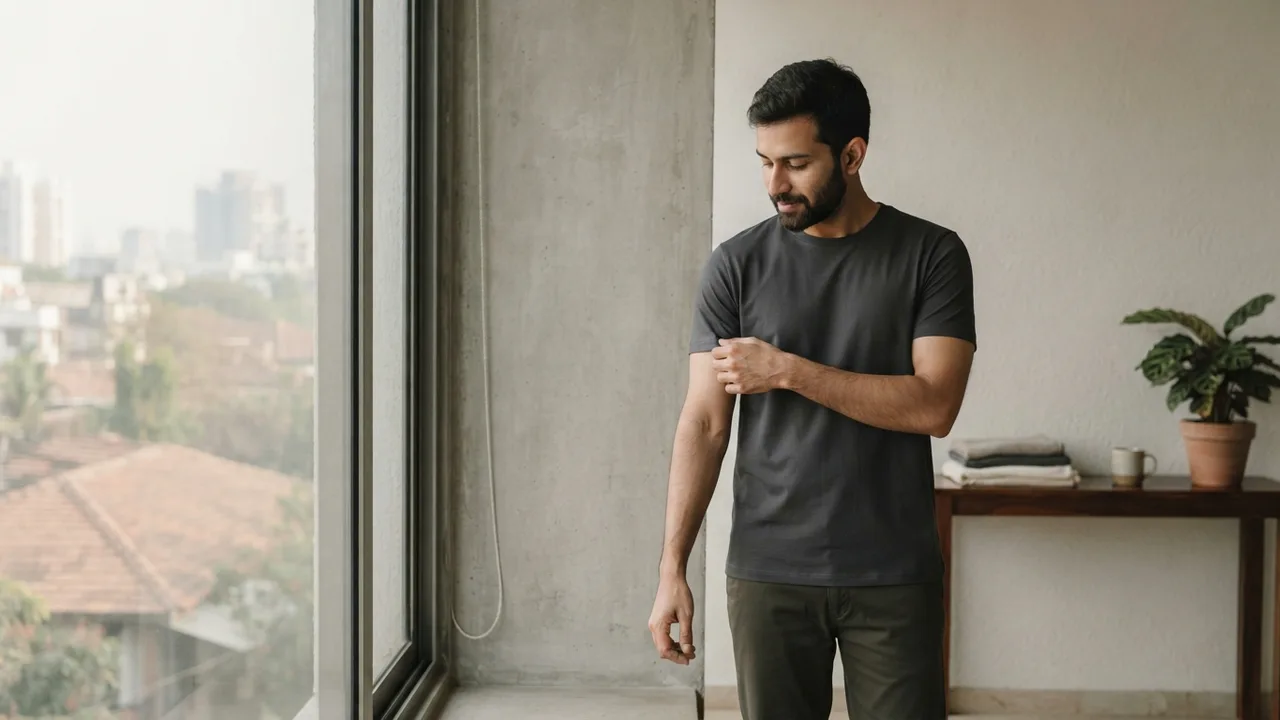 Minimalist editorial photo illustrating getting the fit right when you are buying blind, muted neutral tones, soft natural light, premium plain t-shirt context