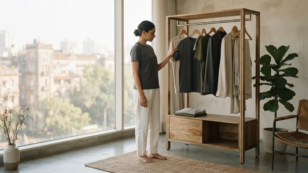 Minimalist editorial photo illustrating the rule works best, and feels easiest to follow, when the wardrobe it is protecting is made of pieces genuinely worth the effort of holding onto. a capsule of fast-fashion basics that fall apart within a season makes one-in-one-out feel like a losing battle against your own clothes' short lifespan., muted neutral tones, soft natural light, premium plain t-shirt context