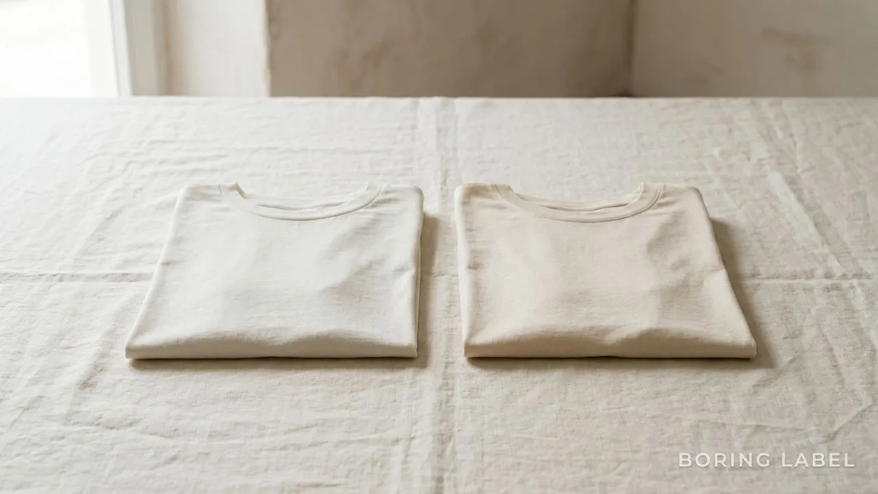 Two folded plain cotton t-shirts resting side by side on a pale cream linen surface, one slightly warmer in tone than the other, soft natural daylight from a window, generous negative space, matte minimalist editorial still life