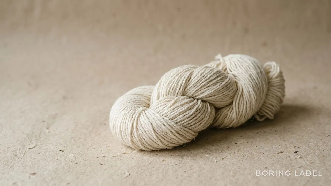 Close-up of a soft hank of undyed natural cotton resting on raw beige paper, gentle side light revealing fibre texture, neutral earthy palette, calm matte composition with empty space around it