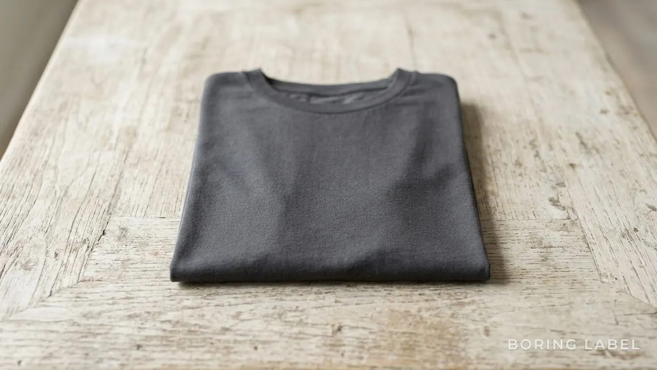 A single plain charcoal grey cotton t-shirt folded neatly on a weathered pale wooden surface, soft diffused daylight, clean even fabric face, minimalist editorial composition with calm negative space