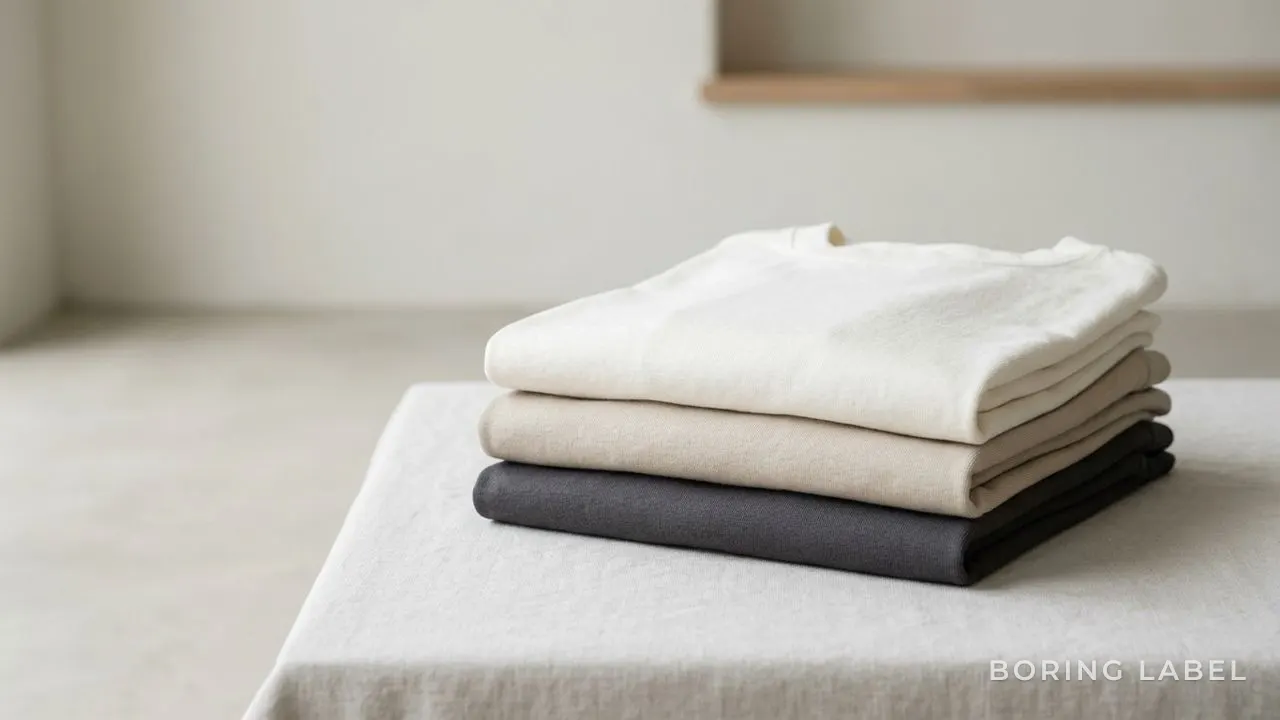 A neatly folded stack of plain cotton t-shirts in cream, beige, and charcoal on a pale surface, soft even daylight, smooth fabric faces, generous negative space, calm matte minimalist editorial still life
