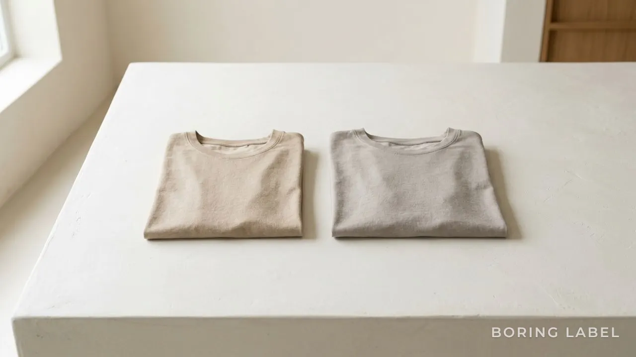 Two plain folded tees side by side on a pale surface, one trim regular cut and one wider relaxed cut, neutral stone and sand tones, soft natural light