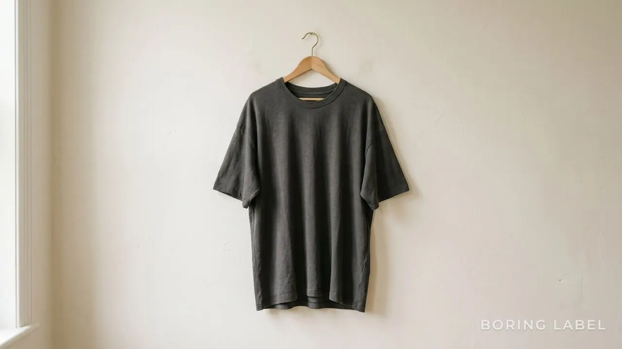 A relaxed oversized tee hanging from a single wooden hanger against a warm off-white wall, fabric draping in soft folds, calm editorial composition, earthy neutral palette